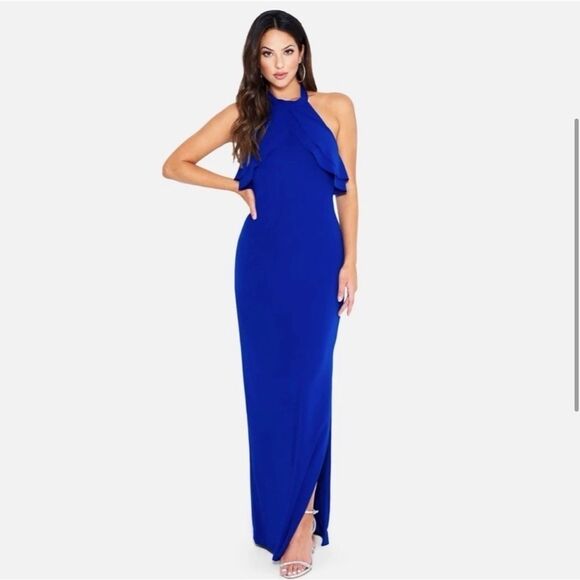 BEBE • DOUBLE RUFFLE HALTER NECK GOWN - Picture 3 of 10